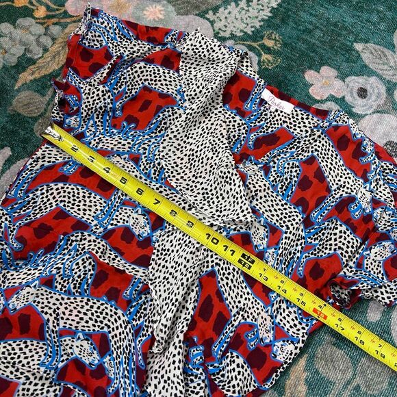 Parker Peplum Top Leopard Silk Small Red White Cheetah Print Ruffle Short Sleeve - Picture 7 of 14